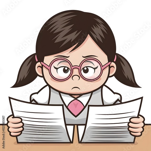  Reading with Glasses " a cartoon illustration of a girl in a uniform, wearing pink-rimmed glasses, and focused on reading papers on a desk. Her expression is serious, and the background is white to k