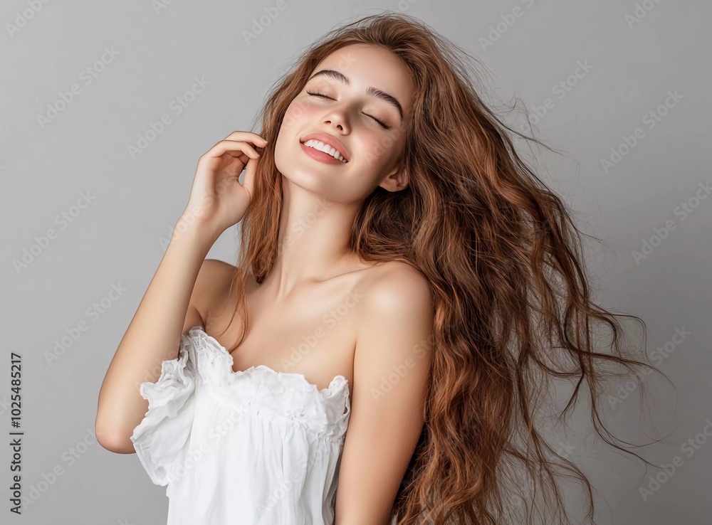 Beautiful woman with long brown hair in a white dress touching her curly hairstyle against a grey background Beautiful woman with long brown hair in a white dress touching her curly hairstyle against a grey background