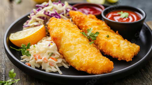 Breaded fish fillets on a plate with a side of coleslaw and dipping sauces