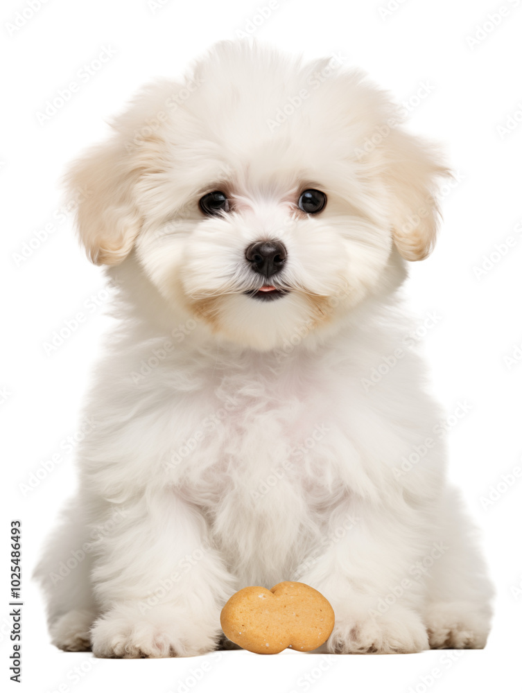 Adorable Fluffy White Puppy With Cookie Sitting On Transparent Background Adorable Fluffy White Puppy With Cookie Sitting On Transparent Background