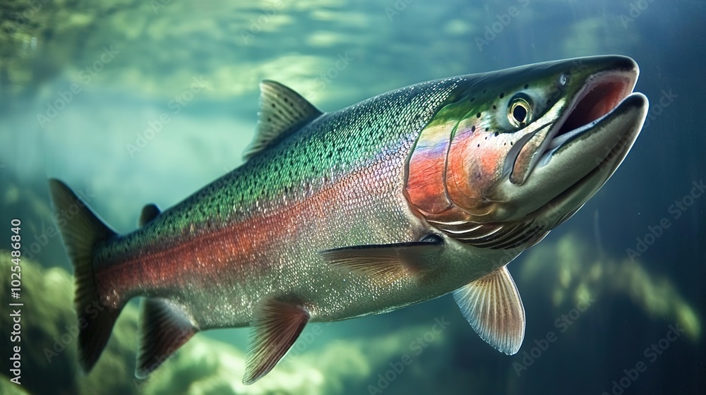 Fototapeta premium Close-up of a vibrant Steelhead fish in its natural habitat, showcasing its sleek body and shimmering scales. A perfect representation of wildlife, aquatic life, and fishing themes, ideal for nature, 