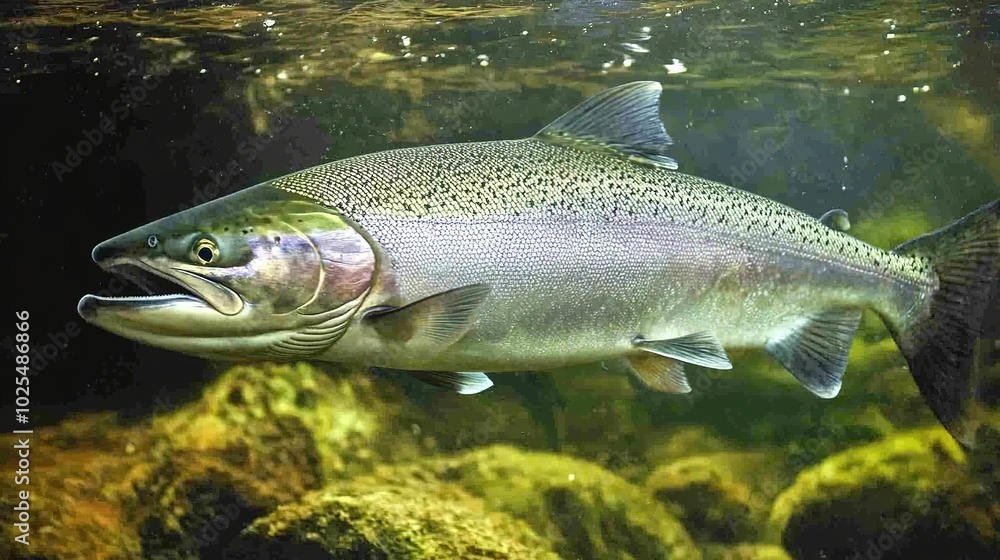 Close-up of a vibrant Steelhead fish in its natural habitat, showcasing its sleek body and shimmering scales. A perfect representation of wildlife, aquatic life, and fishing themes, ideal for nature, Close-up of a vibrant Steelhead fish in its natural habitat, showcasing its sleek body and shimmering scales. A perfect representation of wildlife, aquatic life, and fishing themes, ideal for nature,