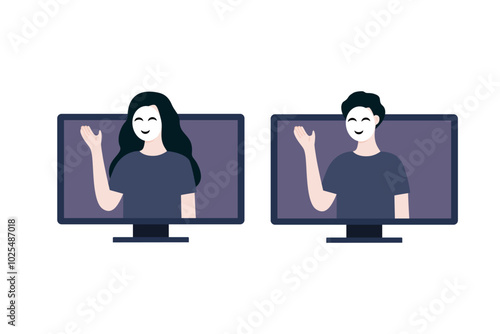 Man and woman scammer on computer monitor screen set. Online fraud, scam, data hacking, cybercrime, web security concepts. Flat people character vector design illustration.
