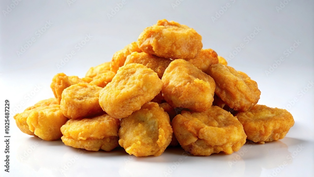 Minimalist pile of crispy fried chicken nuggets isolated on white background