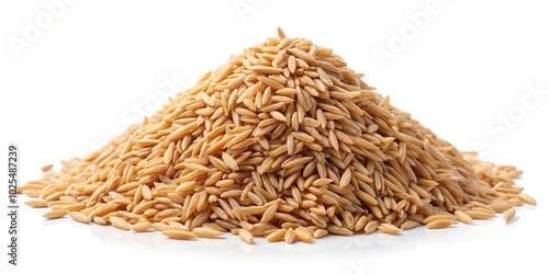 Minimalist pile of dry paddy grain or unmilled rice isolated on white background