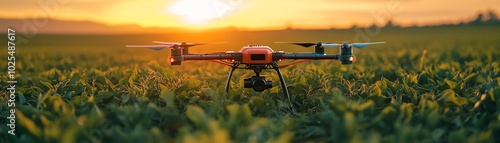 A drone capturing stunning aerial views over a lush green field during a vibrant sunset.