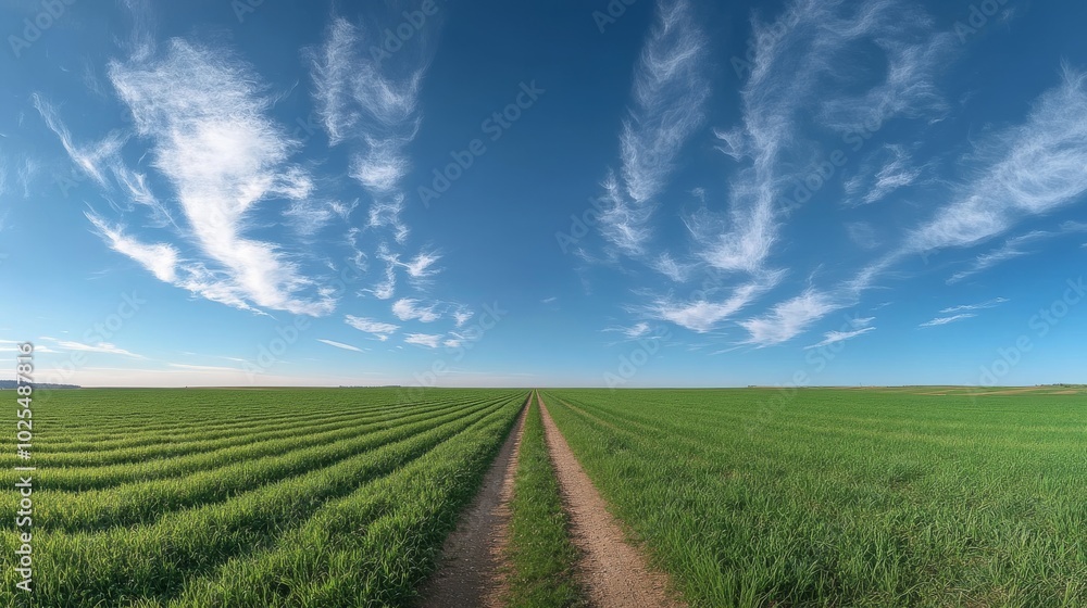 wide-angle landscape photography, straight dirt road bisecting verdant fields, vibrant spring green hues, expansive azure sky, wispy cirrus clouds, horizon vanishing point, rural austrian countryside wide-angle landscape photography, straight dirt road bisecting verdant fields, vibrant spring green hues, expansive azure sky, wispy cirrus clouds, horizon vanishing point, rural austrian countryside