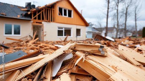 Destruction of a house, debris scattered, representing disaster impact.