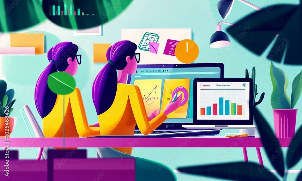 Woman Working on a Laptop with Charts and Graphs Woman Working on a Laptop with Charts and Graphs