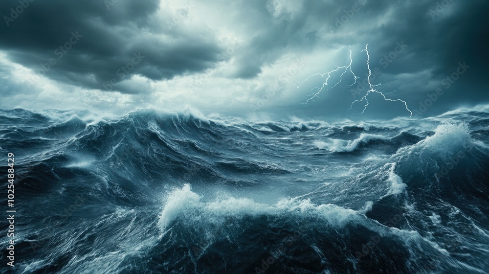 Dramatic ocean waves crashing under a stormy sky with lightning, showcasing nature's power. Dramatic ocean waves crashing under a stormy sky with lightning, showcasing nature's power.