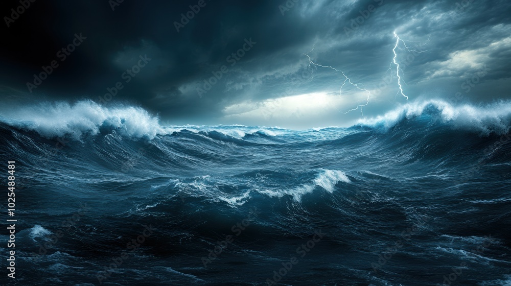 Dramatic ocean waves under a dark stormy sky with flashes of lightning. Dramatic ocean waves under a dark stormy sky with flashes of lightning.