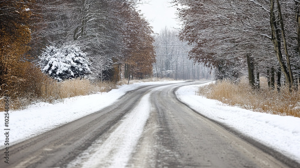Snow-covered winter asphalt road surrounded by a serene white landscape. The icy pavement winds through the snowy scenery, capturing the quiet beauty and challenges of winter travel. Ideal for seasona Snow-covered winter asphalt road surrounded by a serene white landscape. The icy pavement winds through the snowy scenery, capturing the quiet beauty and challenges of winter travel. Ideal for seasona