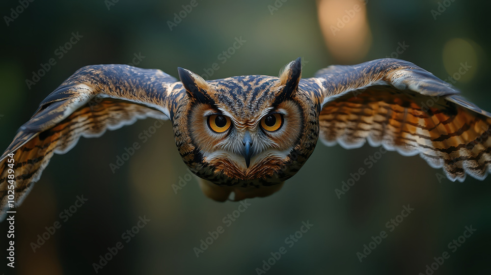 Obraz premium Majestic owl in flight, showcasing intense eyes and detailed feathers, embodies powerful presence in nature. focus on its fierce gaze captures essence of this magnificent bird