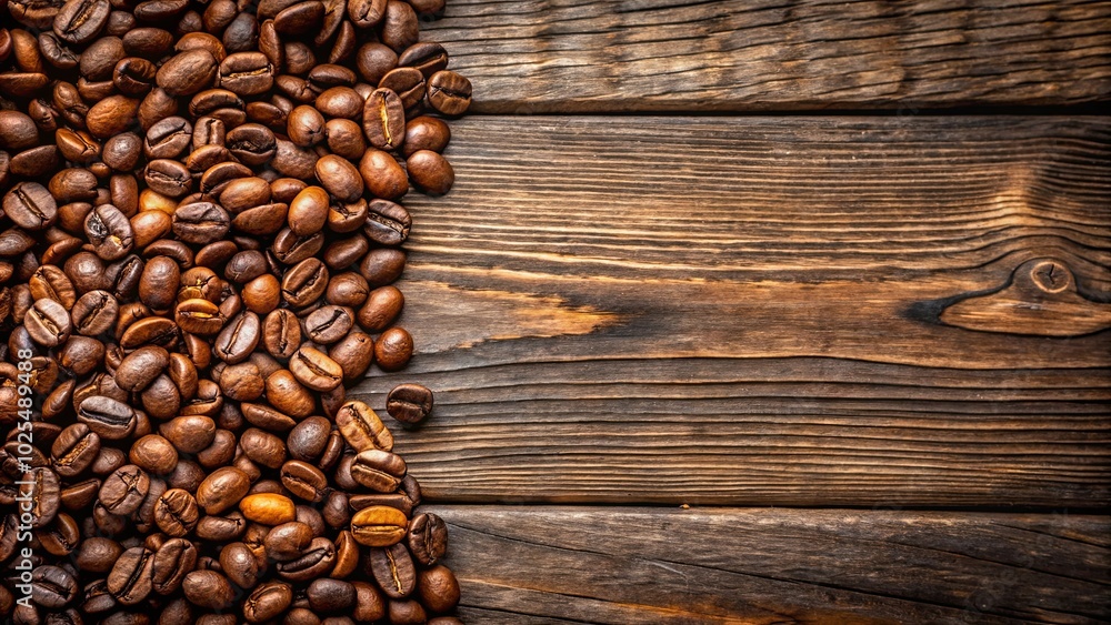 Roasted Coffee Beans Scattered on Rustic Wooden Surface, Creating a Rich Aroma and Texture Roasted Coffee Beans Scattered on Rustic Wooden Surface, Creating a Rich Aroma and Texture