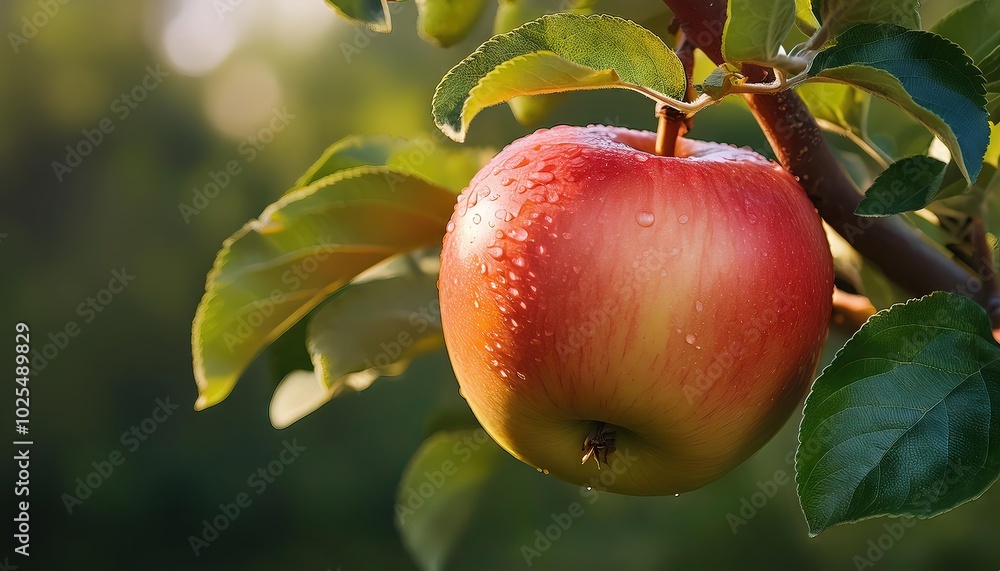Fresh Red Apple with Morning Dew on Tree Fresh Red Apple with Morning Dew on Tree