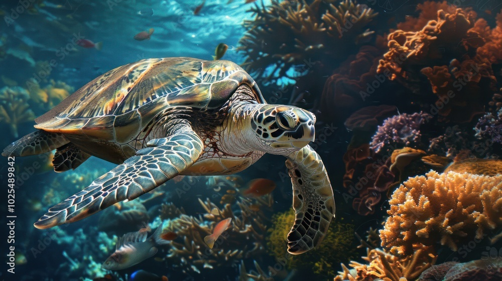 A Sea Turtle Swimming Through Coral Reef and Fish A Sea Turtle Swimming Through Coral Reef and Fish