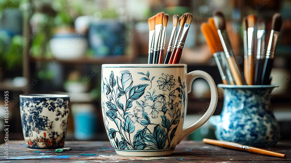 A close-up shot of a mug filled with paintbrushes. The mug and the background are both decorated with a floral pattern. A close-up shot of a mug filled with paintbrushes. The mug and the background are both decorated with a floral pattern.