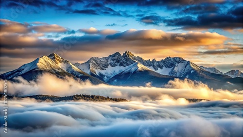 Minimalist rocky mountains cloaked by a blanket of clouds backed by the striking radiant sky cast in shades