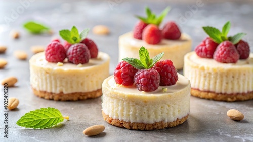 Minimalist round mini cheesecakes with raspberries and almond flakes without sugar