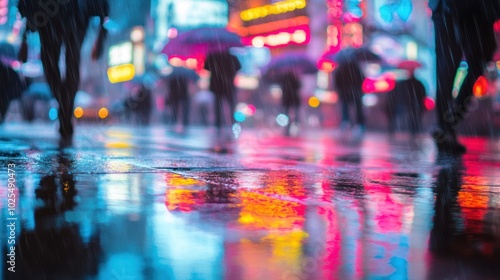 Wallpaper Mural A city street during a heavy rainstorm, with reflections of neon lights shimmering on the wet pavement. People with umbrellas walk by, creating a dynamic scene filled with movement and energy. Torontodigital.ca