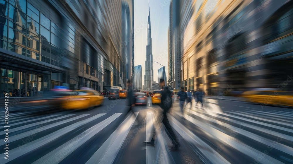 Obraz premium Blurred Street Scene with Tall Building and People Walking