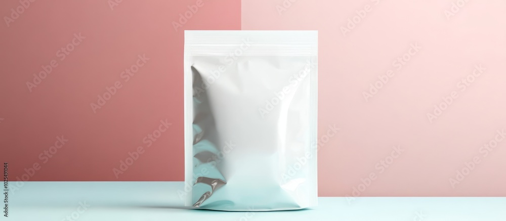 A white stand-up pouch bag mockup on a pink and blue background. A white stand-up pouch bag mockup on a pink and blue background.