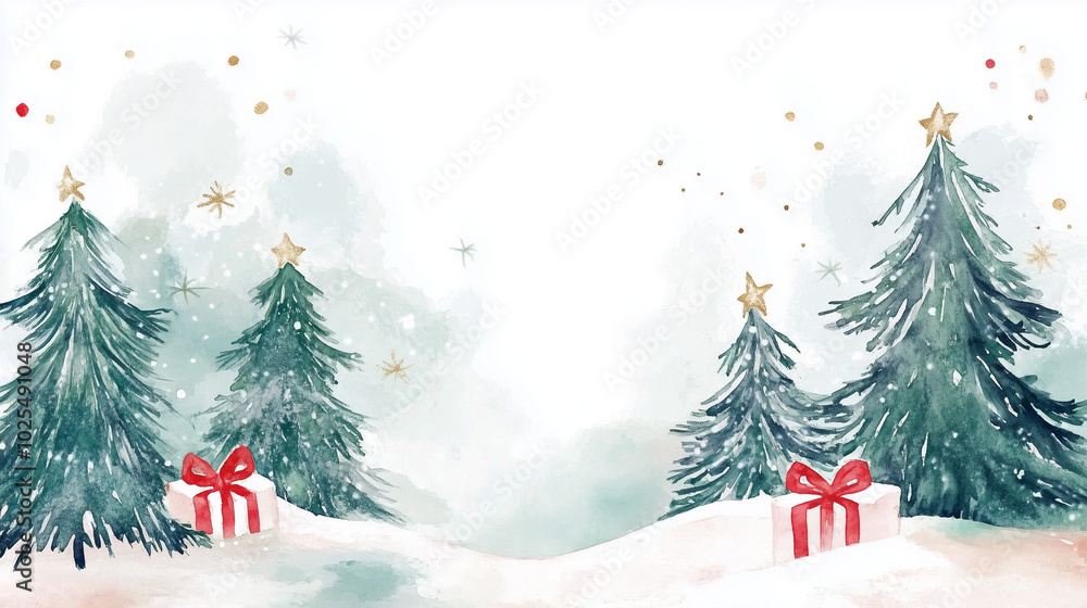 Obraz premium Delicate watercolor artwork showcases adorned Christmas trees and beautifully wrapped gifts, creating a festive atmosphere perfect for holiday celebrations, copy space