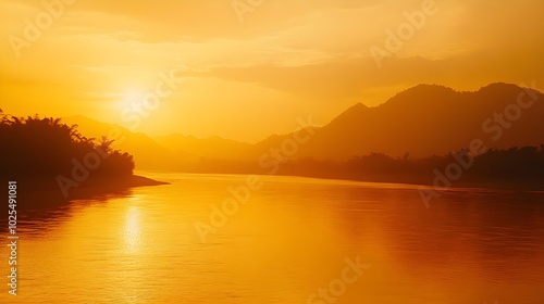 A warm  golden sunset over a calm river  with the humid air making the sky appear hazy  bathing the landscape in soft  diffused light. 