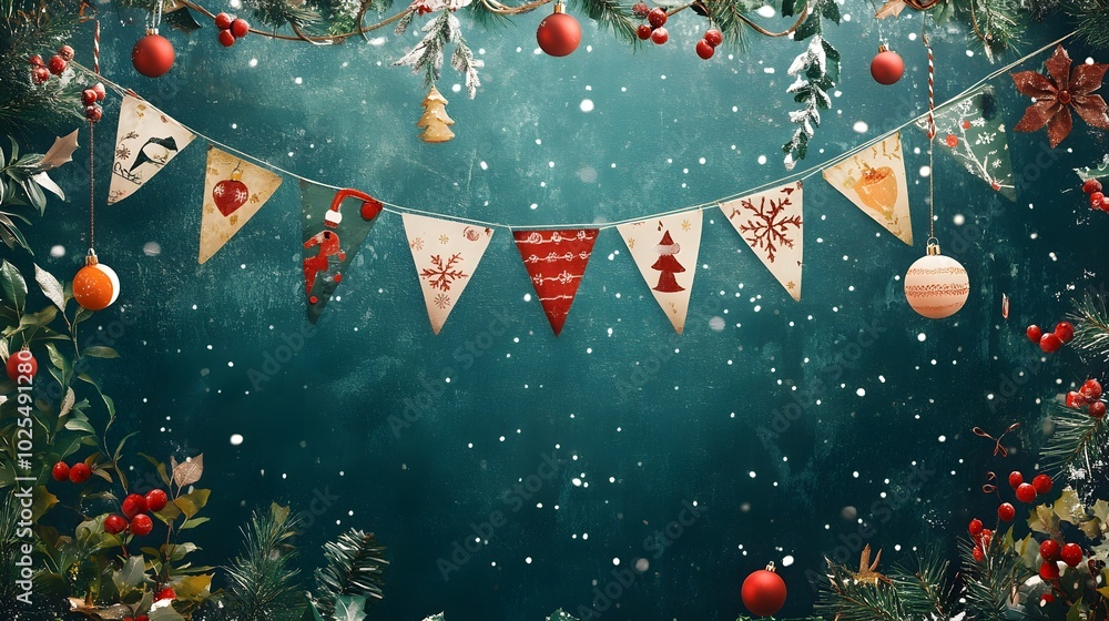 Holiday banners adorned with festive motifs hanging against a Christmas-themed backdrop, surrounded by seasonal decorations such as wreaths and ribbons, evoking a warm and cheerful spirit. Holiday banners adorned with festive motifs hanging against a Christmas-themed backdrop, surrounded by seasonal decorations such as wreaths and ribbons, evoking a warm and cheerful spirit.
