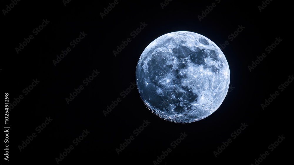 Fototapeta premium A full moon in the night sky, illuminated in a cool blue hue. The moon's craters and surface features are visible.