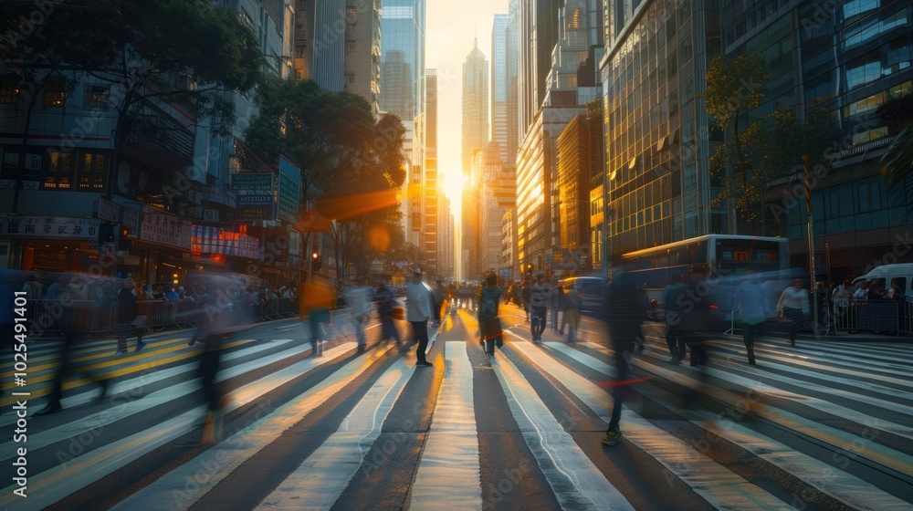 Blurred Cityscape with Pedestrians Crossing a Street at Sunset Blurred Cityscape with Pedestrians Crossing a Street at Sunset