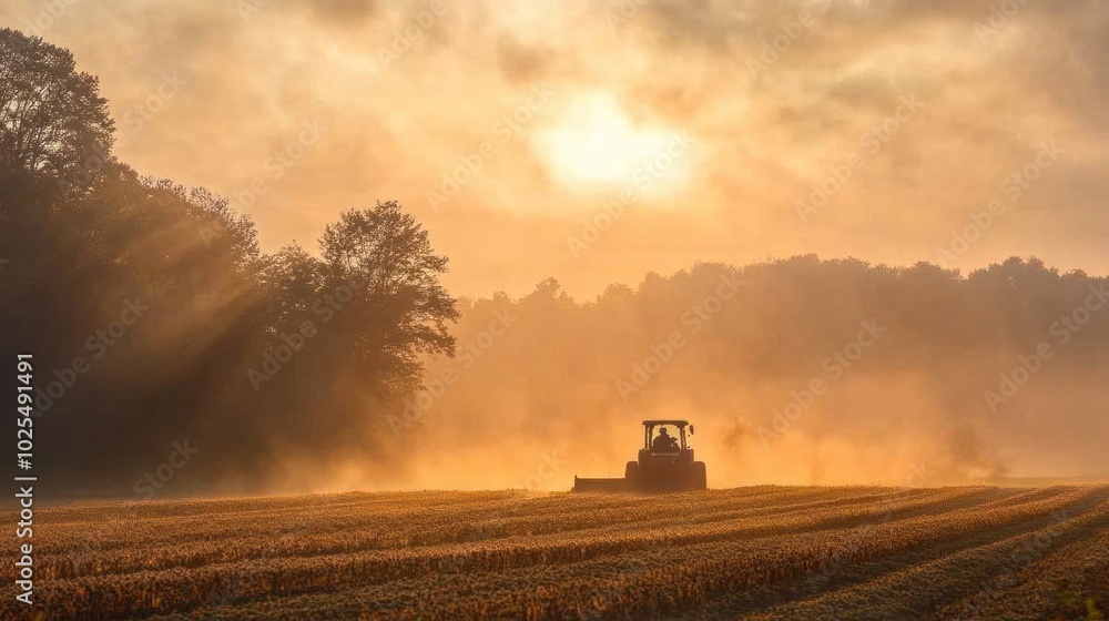 A farmer plowing a vast farmland with a tractor, surrounded by crops and trees, during sunrise. A farmer plowing a vast farmland with a tractor, surrounded by crops and trees, during sunrise.