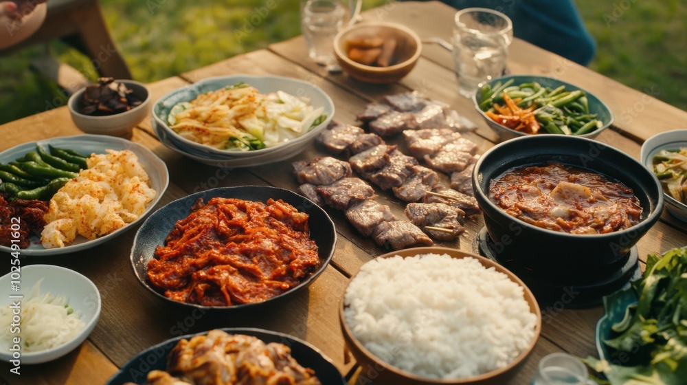 Delicious Outdoor Feast with Various Korean Dishes Delicious Outdoor Feast with Various Korean Dishes