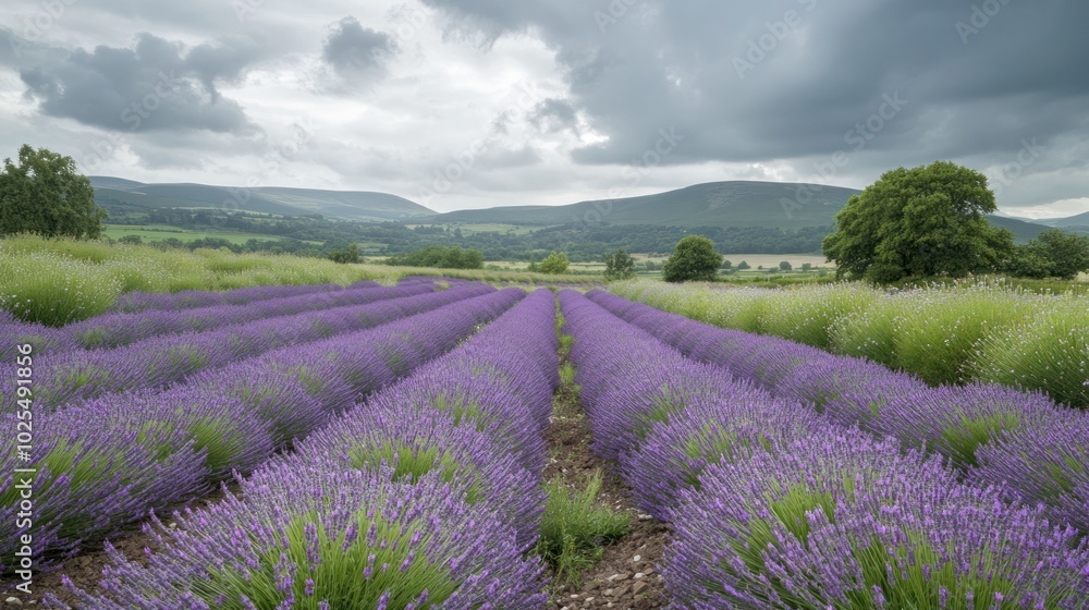A lavender field in full bloom, with rows of purple flowers leading towards distant hills under a soft, cloudy sky, creating a peaceful and calming atmosphere A lavender field in full bloom, with rows of purple flowers leading towards distant hills under a soft, cloudy sky, creating a peaceful and calming atmosphere