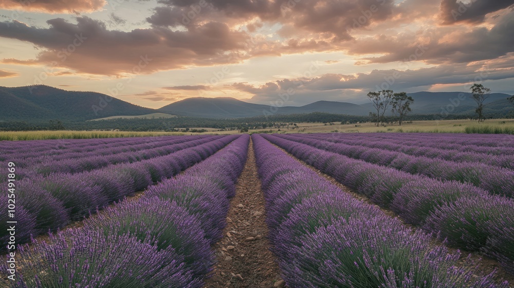 A lavender field in full bloom, with rows of purple flowers leading towards distant hills under a soft, cloudy sky, creating a peaceful and calming atmosphere A lavender field in full bloom, with rows of purple flowers leading towards distant hills under a soft, cloudy sky, creating a peaceful and calming atmosphere