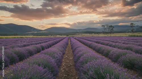 A lavender field in full bloom, with rows of purple flowers leading towards distant hills under a soft, cloudy sky, creating a peaceful and calming atmosphere