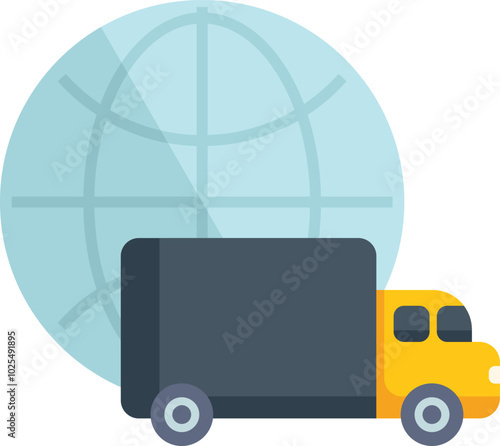 Simple flat illustration of a delivery truck shipping worldwide with a globe in the background