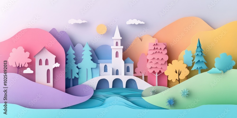 Vertical cityscape featuring a river, trees, and a church, Urban landscape with river trees and church Vertical cityscape featuring a river, trees, and a church, Urban landscape with river trees and church