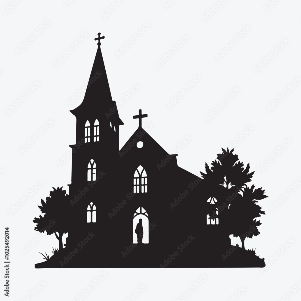 Fototapeta premium Church Building Silhouette Vector Symbols on White Background
