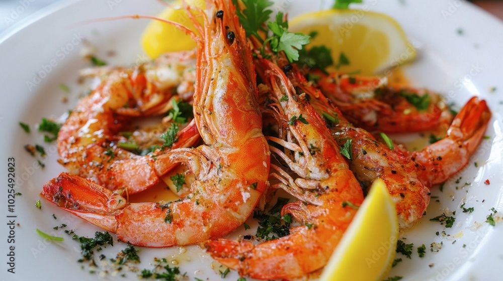 Grilled Shrimp with Lemon and Herbs on White Plate Grilled Shrimp with Lemon and Herbs on White Plate
