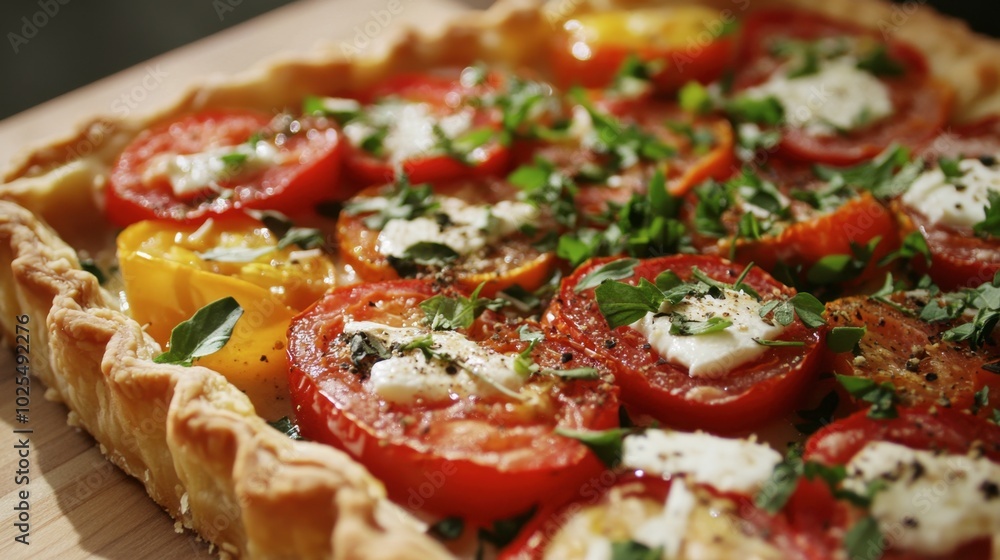 Fresh Tomato Tart with Herbs and Cheese on Wooden Board Fresh Tomato Tart with Herbs and Cheese on Wooden Board