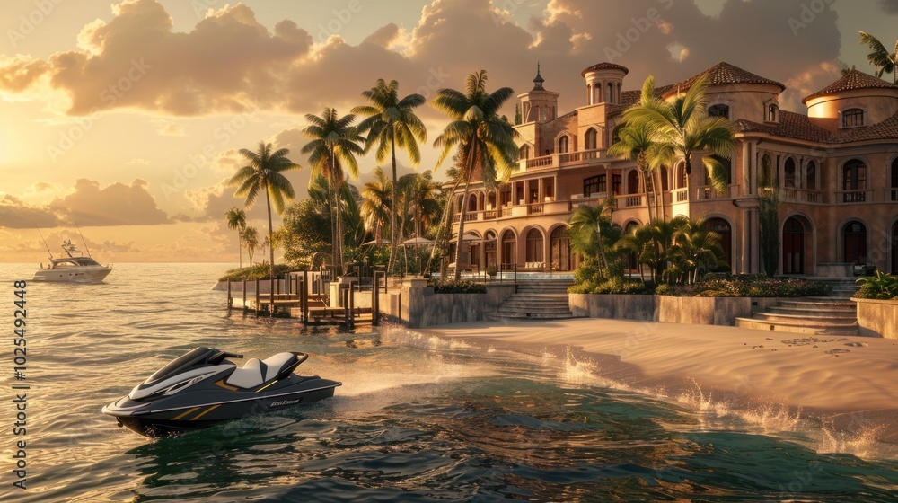 Obraz premium Sunset over a Luxurious Beachfront Mansion with a Jet Ski