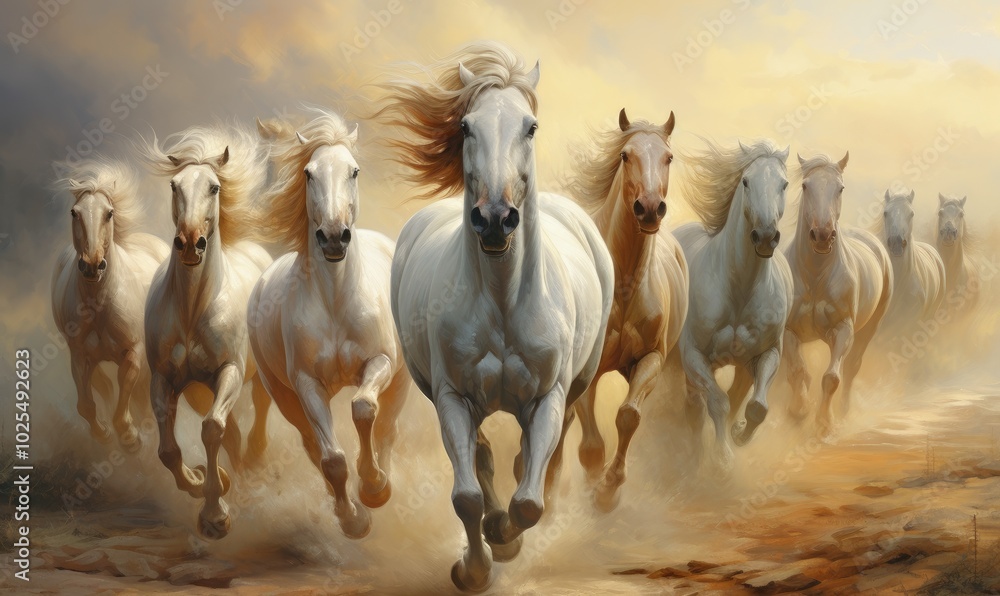 A stunning display of white horses galloping gracefully through a misty landscape, embodying beauty and freedom. A stunning display of white horses galloping gracefully through a misty landscape, embodying beauty and freedom.