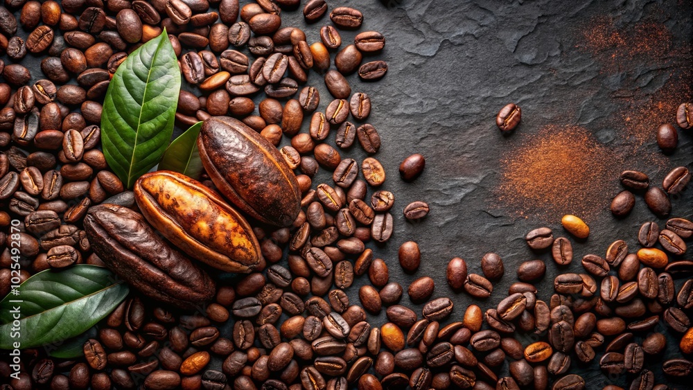 A Close-Up View of Coffee Beans, Pods, and Leaves, Showing the Rich Aroma and Flavor Potential A Close-Up View of Coffee Beans, Pods, and Leaves, Showing the Rich Aroma and Flavor Potential