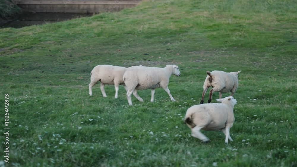 Sheep run across a grassy hillside near a calm water body during dusk in a serene countryside setting Sheep run across a grassy hillside near a calm water body during dusk in a serene countryside setting