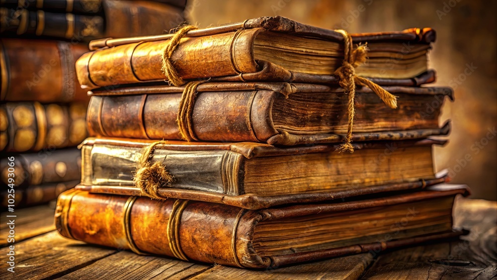 A stack of antique leather-bound books, their pages worn and weathered, whispers of forgotten tales and timeless knowledge. A stack of antique leather-bound books, their pages worn and weathered, whispers of forgotten tales and timeless knowledge.