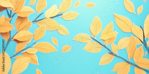 Bright yellow leaves on tree branches set against a clear blue sky, Yellow leaves on tree branches with clear blue sky background