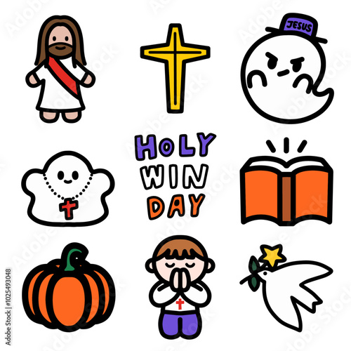 christian opposition to Halloween cute icon set. Black line drawing. Jesus, cross, ghost wearing a hat with Jesus written on it, ghost wearing a cross necklace, Holy win day, Bible, pumpkin,dove.