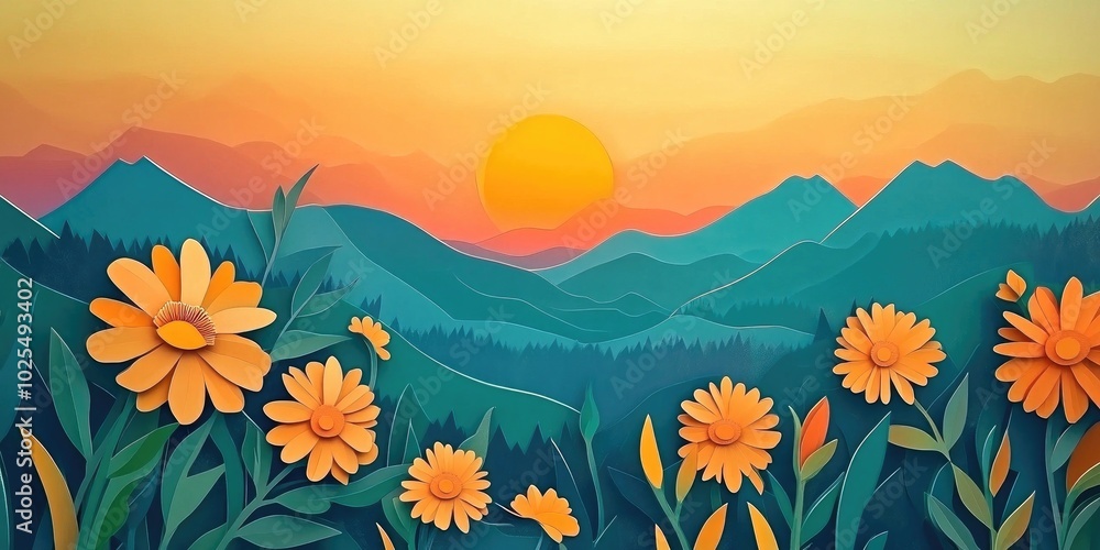 Flowers in a mountain landscape during sunset, Mountain landscape with flowers at sunset Flowers in a mountain landscape during sunset, Mountain landscape with flowers at sunset