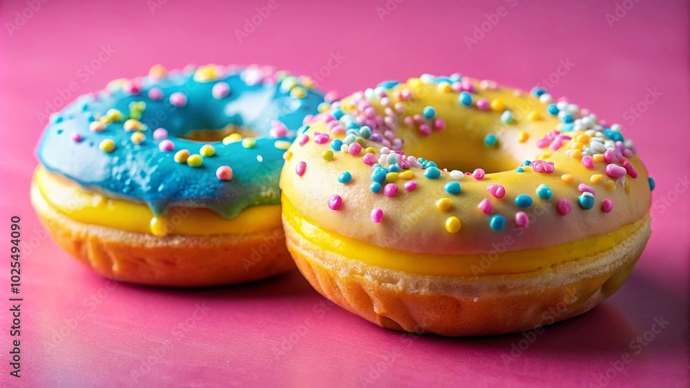 Sweet Delights A Pair of Glazed Donuts with Colorful Sprinkles on a Vibrant Pink Background Sweet Delights A Pair of Glazed Donuts with Colorful Sprinkles on a Vibrant Pink Background